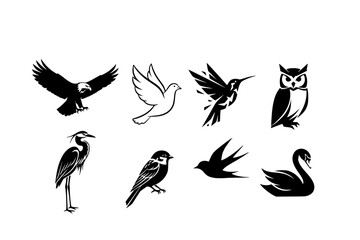 Obraz premium Artistic Bird Silhouettes Black Vector Set: Soaring Eagle, Calm Dove, Abstract Hummingbird, and Geometric Owl Shapes for Logos and Branding.