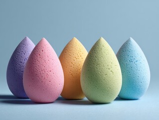 Collection of five colorful teardrop-shaped makeup sponges in lavender, pink, peach, yellow, and blue, arranged in a group on a light blue background, casting gentle shadows