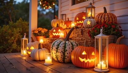 Obraz premium Autumn pumpkins and lanterns decorated for Halloween on porch 