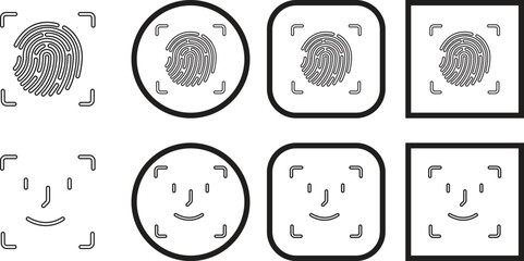 Fingerprint and face scan symbol Black line style biometric security vector icon set, face ID and fingerprint authentication group, collection, access identity verification synonym