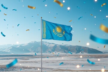 Kazakhstan Independence Day December 16 Celebration Flag Waving with Gold and Blue Confetti over Snowy Central Asian Steppe Landscape