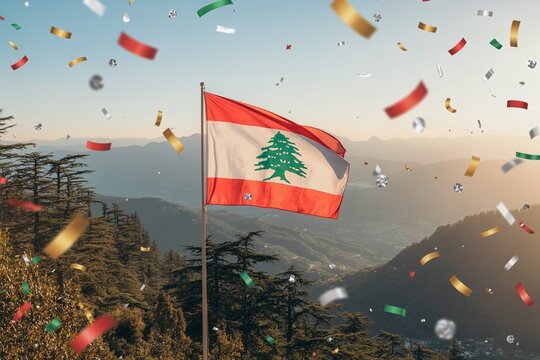 Lebanon Independence Day November 22 Celebration Flag Waving with Confetti over Majestic Mount Lebanon Mountains at Golden Sunset