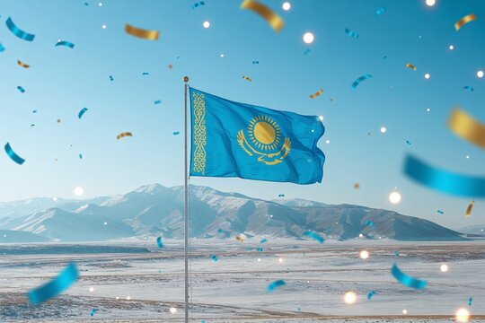 Kazakhstan Independence Day December 16 Celebration Flag Waving with Gold and Blue Confetti over Snowy Central Asian Steppe Landscape
