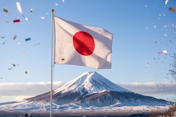 Japan Emperor's Birthday February 23 Celebration Flag Waving with Confetti over Snowy Mount Fuji Landscape under Bright Blue Sky