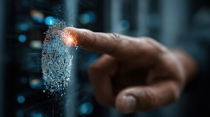 Man's finger touches a glowing fingerprint scan on server rack for cybersecurity and identification, focusing on digital access authentication