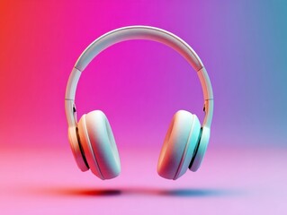 Modern White Over-Ear Headphones Floating with Gradient Neon Lighting, Contemporary Audio Gadget against Vibrant Pink and Blue Hues, Minimalist Tech Display for Sound Enthusiasts