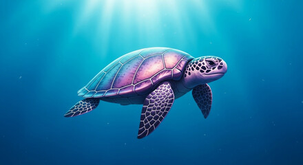 Fototapeta premium A captivating illustration of a sea turtle gracefully swimming in the ocean, bathed in sunlight, showcasing marine life and underwater beauty