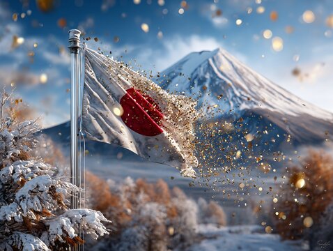 Japan National Foundation Day February 11 Celebration Flag with Golden Confetti over Majestic Snow-Capped Mount Fuji in Winter Landscape