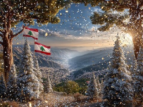 Lebanon Independence Day November 22 Celebration with Flag Waving in Sunset Mountains and Confetti Sky - Powered by Adobe