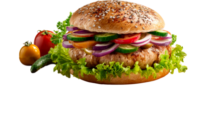 Fully Assembled Hamburger with Fresh Ingredients on Wooden Board, cut out transparent