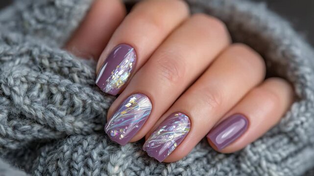 230Glamorous hand in motion, matte mauve nails with neon abstract art, dynamic shadows and highlights emphasizing refined modern style