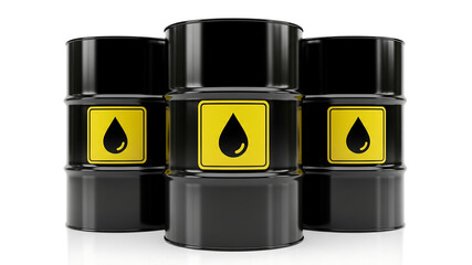Three black oil barrels with yellow hazard symbol