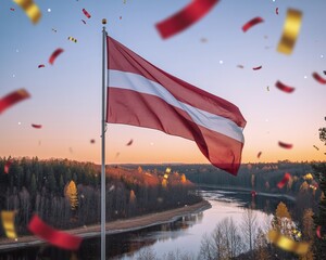 Latvian flag glowing at golden hour surrounded by autumn forest, sparkling confetti and golden glitter celebrating Independence Day in November 18
