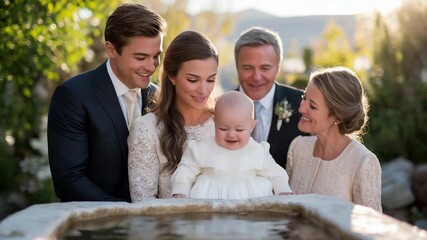 234Baby dressed in white gown, surrounded by family in soft cream and blush pink attire, sunlight creating ethereal glow on baptismal font
