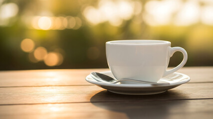 Obraz premium White coffee cup on saucer with spoon outdoors
