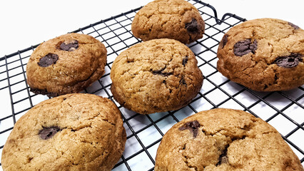 front view of delicious sweet classic cookies on wire rack on white background