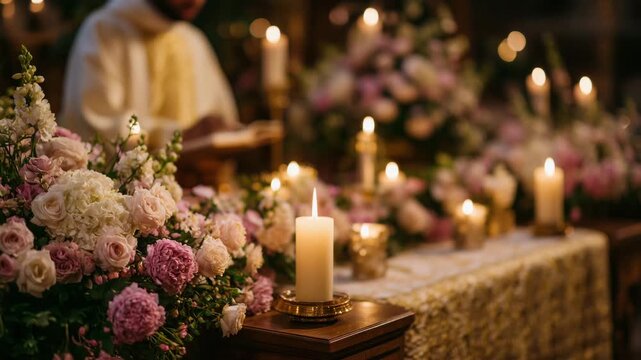 237Side view of baptism ceremony, pastel cream and blush tones on flowers and candles, tender moment captured in warm soft light