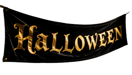 A black velvet Halloween banner with lettering in gold side view dramatic lighting simple background