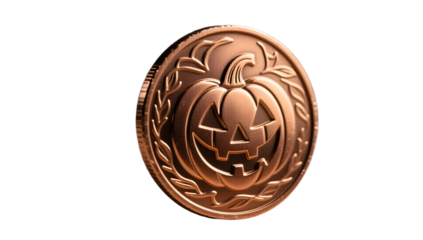 A bronze Halloween coin with etched designs  realistic lighting glossy finish isolated on neutral surface