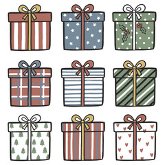 Hand-Drawn Patterned Gift Box Vector Set: Christmas Presents Clip Art