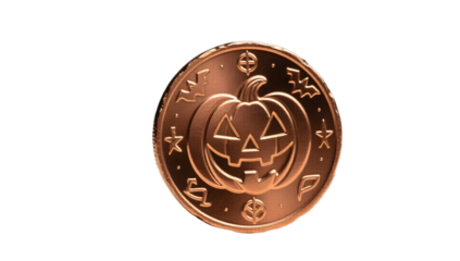 A bronze Halloween coin with etched symbols full object visible centered on light gradient realistic studio lighting