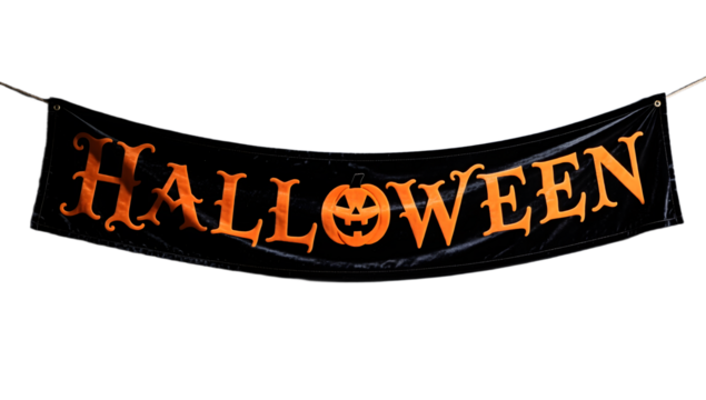 A black velvet Halloween banner with lettering full object visible centered on dark grey gradient dramatic lighting