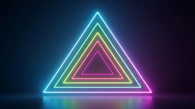 Concentric neon triangles glowing in rainbow colors