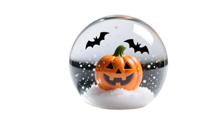 A crystal clear Halloween snow globe  studio product photo reflective glass plain white background