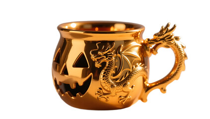 A gold painted Halloween cup with a dragon motif side view warm amber glow glossy finish light background
