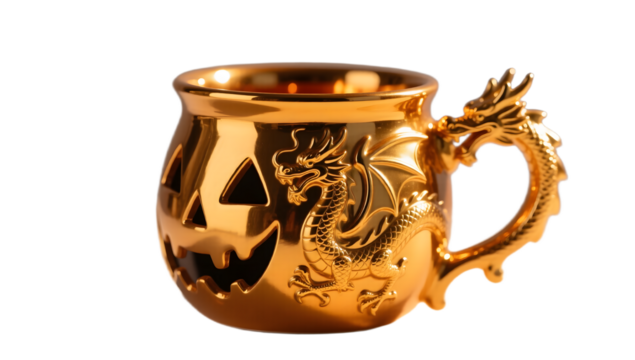 A gold painted Halloween cup with a dragon motif side view warm amber glow glossy finish light background