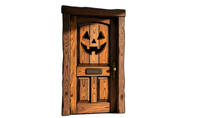 A hand drawn wooden Halloween door side view textured wood grain natural light simple background