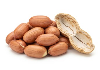 Pile of Shelled Peanuts and Open Empty Shell on White Background Studio Shot for Healthy Snack Concepts