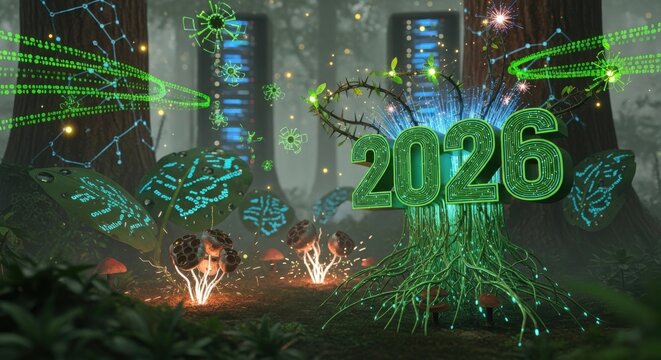 Futuristic forest with glowing 2026 number and technological integrations