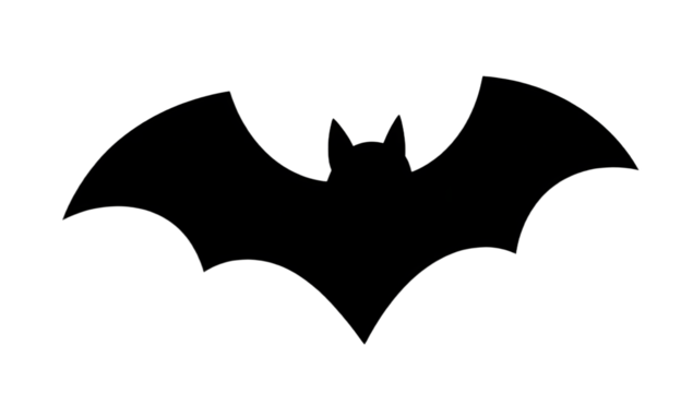 A matte black Halloween bat silhouette side profile simple line art plain white backdrop subtle shadow