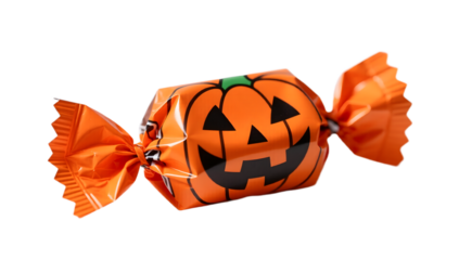 A neon orange Halloween candy wrapper side profile vibrant color matte finish plain white backdrop