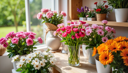 Fototapeta premium Colorful flower arrangement on wooden shelf by sunny window 