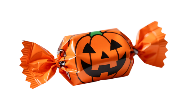 A neon orange Halloween candy wrapper side profile vibrant color matte finish plain white backdrop