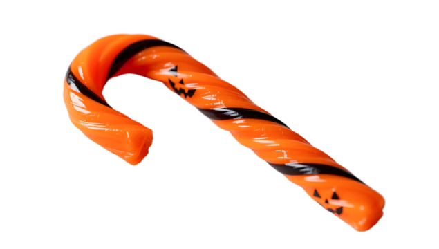 A neon orange Halloween candy cane side profile vibrant color matte finish light grey background