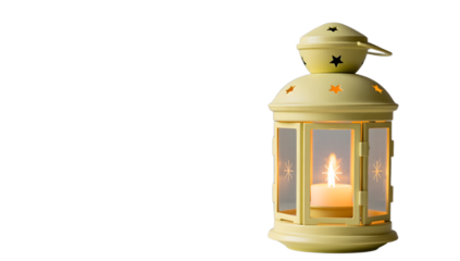 A pastel yellow Halloween lantern with candlelight side profile warm glow matte texture light grey backdrop