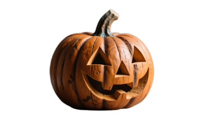 A wooden Halloween carving of a pumpkin  rustic texture natural light simple grey background