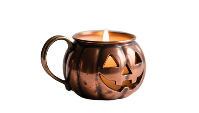 A vintage copper Halloween candle side profile warm amber glow matte texture simple white backdrop