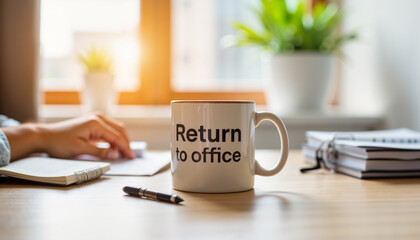 Coffee mug with "Return to office" text on desk with notebook  