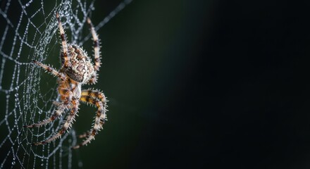 Spider weaving a web with dewdrops on a dark background