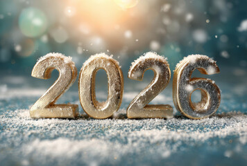 Golden 2026 New Year celebration with snow and glitter on a green background