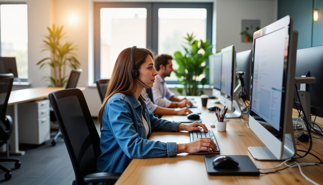 Woman working on a computer with headset in modern office space