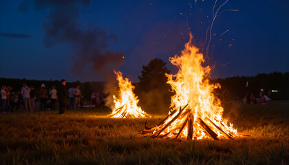 Campfire flames burning on field at night with gathering people  