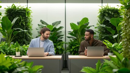 Efficient teamwork and collaboration modern workspace filled with plants drive corporate goals and effective strategies through innovative technology