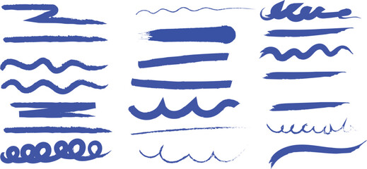 Hand-drawn blue scribbles wavy lines and brush strokes isolated on white paper background