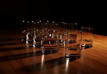 Group of Clear Drinking Glasses Filled with Water on a Wooden Table with Dramatic Lighting