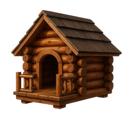 A rustic log cabin dog house with a porch, perfect for a cozy yard.